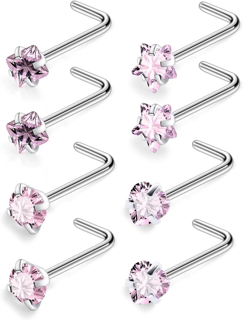 Ftovosyo Hypoallergenic Nose Rings Studs 18G & 20G Surgical Steel Nose Studs L Shaped Nostril Piercing Jewelry with Pink Cubic Zirconia for Women & Men - Image 1